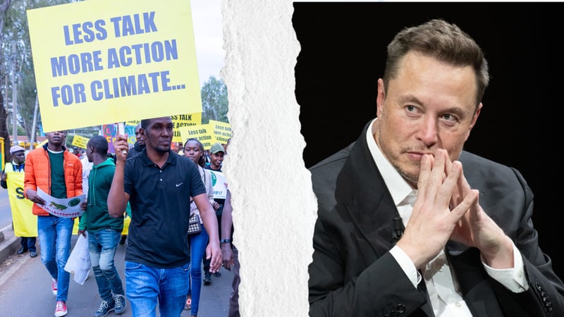 Elon Musk looks pensive - he is next to a sign saying 'less talk more action' on climate change