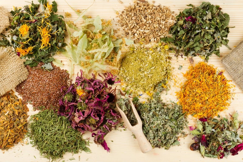 Healing herbs used in Traditional Chinese Medicine on a wooden table